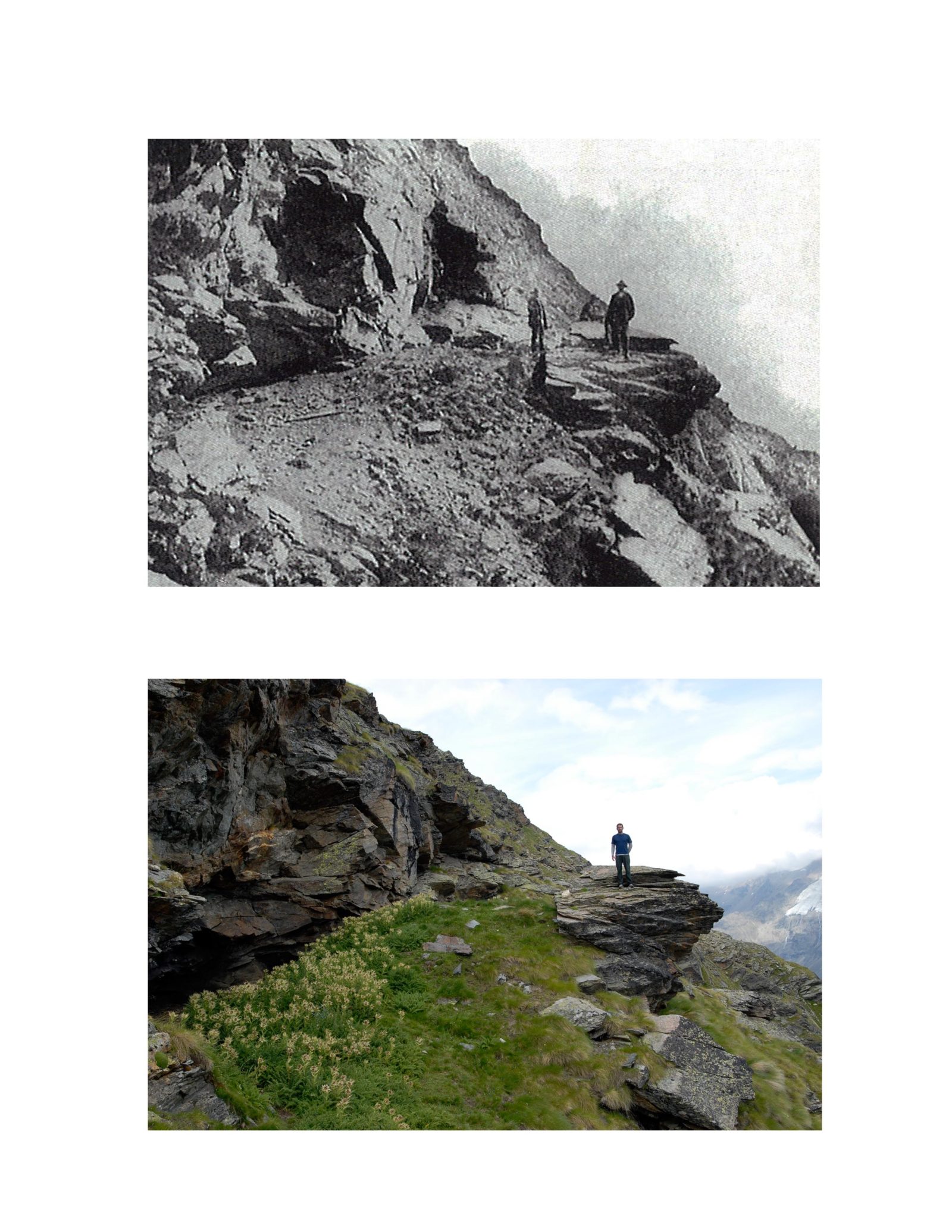 The initial bivouac used during the first ascent of the Weisshorn in 1861.  The top was a photo taken in 1867; the bottom was taken in 2011.